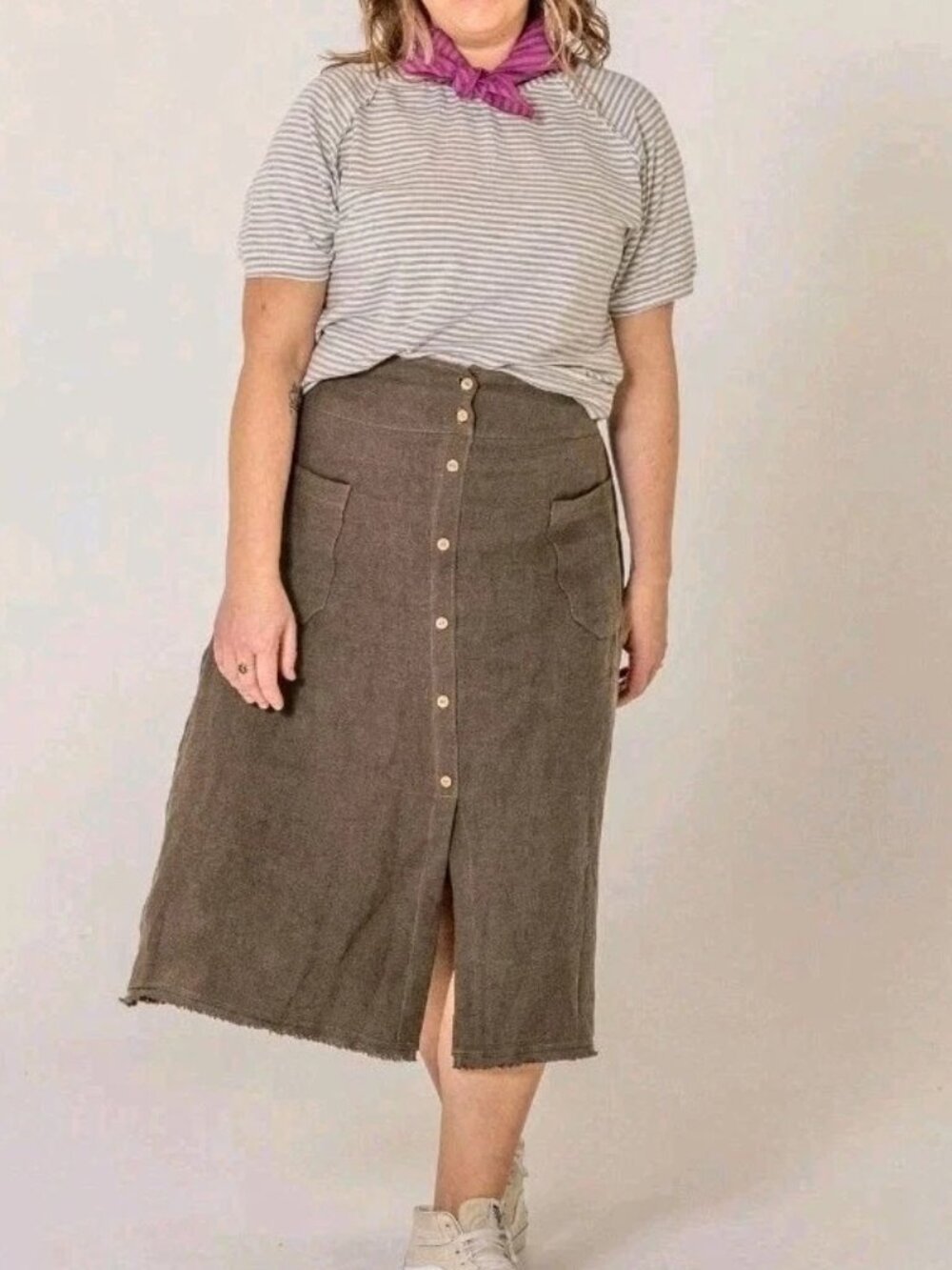 Foxlilie Jude Skirt Small 100% Linen Grey Button Midi Pockets Made Colorado USA